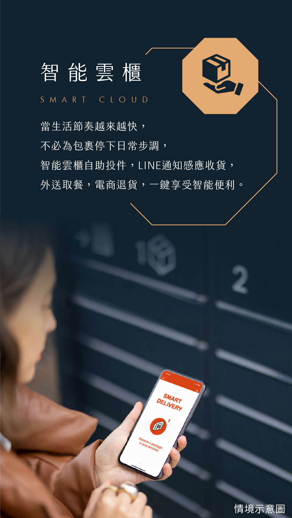 智能雲櫃｜當生活節奏越來越快，不必為包裹停下日常步調，智能雲櫃自助投件，LINE通知感應收貨，外送取餐，電商退貨，一鍵享受智能便利。