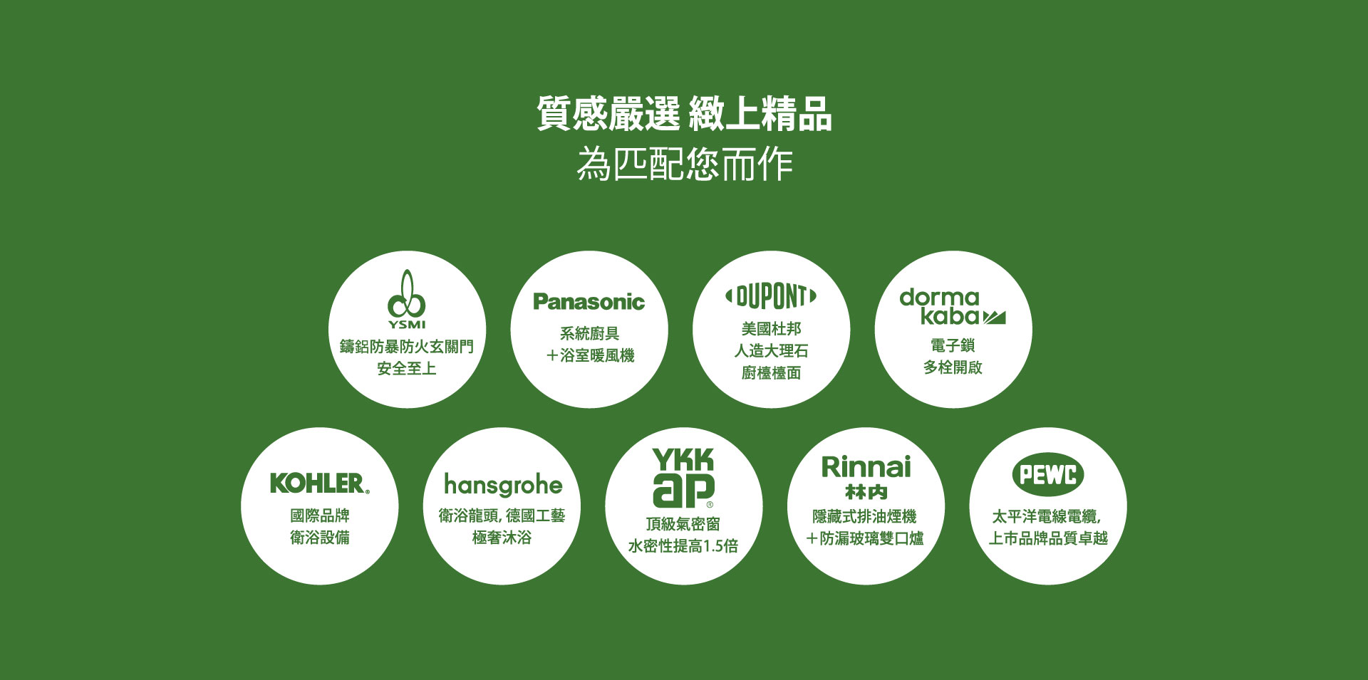 質感嚴選 緻上精品 為匹配您而作｜YSMI鑄鋁防暴防火玄關門安全至上｜國際牌系統廚具＋浴室暖風機｜美國杜邦人造大理石廚檯檯面｜dorma kava電子鎖多栓開啟｜KOHLER國際品牌衛浴設備｜hansgrohe衛浴龍頭，德國工藝極奢沐浴｜YKK AP頂級氣密窗水密性提高1.5倍｜林内隱藏式排油煙機＋防漏玻璃雙口爐｜PEWC太平洋電線電纜，上市品牌品質卓越